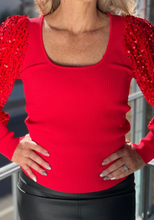 Load image into Gallery viewer, Pre-Order Fiery Red Sequin Sleeve Patchwork Ribbing Knit Square Neck Holiday Sweater