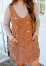 Load image into Gallery viewer, Pre-Order Gold Flame Flower Embroidered Corduroy Overall Mini Dress