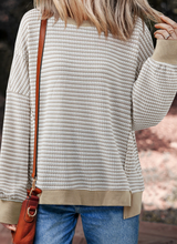 Load image into Gallery viewer, Pre-Order Stripe Ribbed Trim Drop Shoulder Long Sleeve Oversize Tops