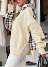 Load image into Gallery viewer, Pre-Order Beige Plaid Patchwork Side Slit Sweatshirt