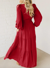 Load image into Gallery viewer, Pre-Order Racing Red Contrast Embroidered Detail Cinched Waist Tiered Long Sleeve Maxi Dress