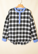 Load image into Gallery viewer, Pre-Order Black Contrast Striped Edge Half Placket Plaid Blouse