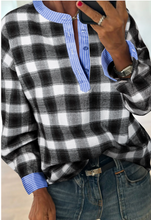 Load image into Gallery viewer, Pre-Order Black Contrast Striped Edge Half Placket Plaid Blouse