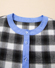 Load image into Gallery viewer, Pre-Order Black Contrast Striped Edge Half Placket Plaid Blouse