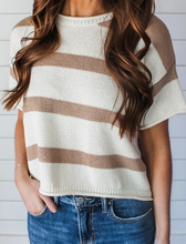 Load image into Gallery viewer, Pre-Order Khaki Stripe Dropped Short Sleeve Lightweight Knitted Top