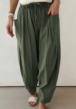 Load image into Gallery viewer, Pre-Order Jungle Green Drawstring Elastic Waist Patch Pocket Barrel Leg Casual Pants