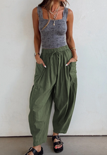 Load image into Gallery viewer, Pre-Order Jungle Green Drawstring Elastic Waist Patch Pocket Barrel Leg Casual Pants
