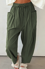 Load image into Gallery viewer, Pre-Order Jungle Green Drawstring Elastic Waist Patch Pocket Barrel Leg Casual Pants