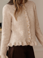 Load image into Gallery viewer, Pre-Order Oatmeal Ruffle Trim Gold Button Sweater Cardigan