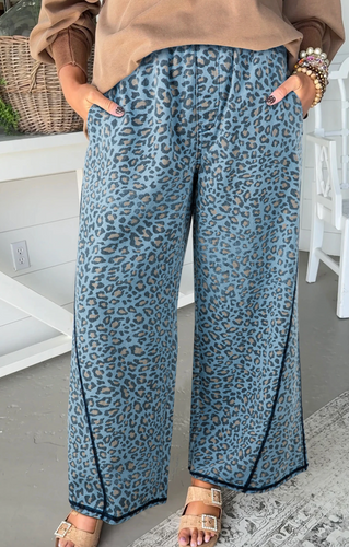 Pre-Order Blue Leopard Print Exposed Seam Detail Wide Leg Drawstring Jeans