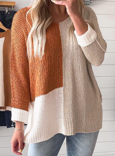 Pre-Order Chestnut Color Block Knit V Neck Loose Sweater