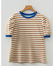 Load image into Gallery viewer, Pre-Order Brown Stripe Short Puff Sleeve Contrast Trim Round Neck Tee