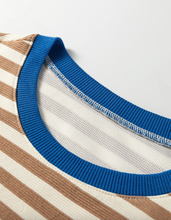Load image into Gallery viewer, Pre-Order Brown Stripe Short Puff Sleeve Contrast Trim Round Neck Tee