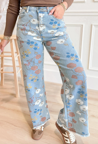 Pre-Order Sky Blue Floral Printed Raw Hem Shift Jeans