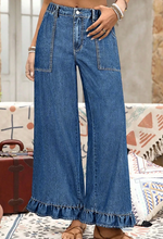 Load image into Gallery viewer, Pre-Order Blue Plus Size Elastic Waist Ruffled Wide Leg Denim Pants