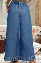 Load image into Gallery viewer, Pre-Order Blue Plus Size Elastic Waist Ruffled Wide Leg Denim Pants