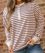 Load image into Gallery viewer, Pre-Order Red Dahlia Striped Print Drop Shoulder Long Sleeve Henley Top