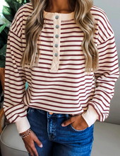Load image into Gallery viewer, Pre-Order Red Dahlia Striped Print Drop Shoulder Long Sleeve Henley Top