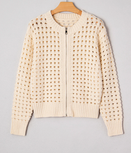 Load image into Gallery viewer, Pre-Order Beige Hollowed Pattern Knit Zip Up Drop Shoulder Sweater Cardigan