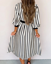 Load image into Gallery viewer, Pre-Order Black Stripe 3/4 Puff Sleeve Shirt Style Button Down Midi Dress