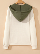 Load image into Gallery viewer, Pre-Order Waffle Contrast Half Buttoned Hooded Pullover Top