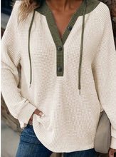 Load image into Gallery viewer, Pre-Order Waffle Contrast Half Buttoned Hooded Pullover Top