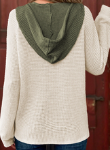 Load image into Gallery viewer, Pre-Order Waffle Contrast Half Buttoned Hooded Pullover Top