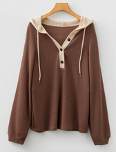 Load image into Gallery viewer, Pre-Order Waffle Contrast Half Buttoned Hooded Pullover Top