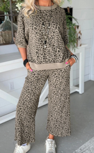 Load image into Gallery viewer, Pre-Order Khaki Jacquard Leopard Half Sleeve Jumper Wide Leg Pant Set