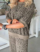 Load image into Gallery viewer, Pre-Order Khaki Jacquard Leopard Half Sleeve Jumper Wide Leg Pant Set