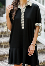 Load image into Gallery viewer, Pre-Order Black Stripe Detail Polo Collar Half Buttons Tied Short Sleeve Shift Mini Dress