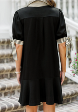 Load image into Gallery viewer, Pre-Order Black Stripe Detail Polo Collar Half Buttons Tied Short Sleeve Shift Mini Dress