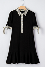 Load image into Gallery viewer, Pre-Order Black Stripe Detail Polo Collar Half Buttons Tied Short Sleeve Shift Mini Dress