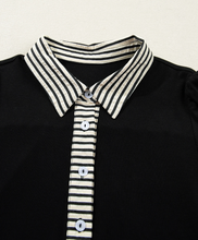 Load image into Gallery viewer, Pre-Order Black Stripe Detail Polo Collar Half Buttons Tied Short Sleeve Shift Mini Dress