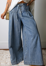 Load image into Gallery viewer, Pre-Order Blue Stripe Button Pleated Drawstring Waist Casual Wide Leg Jeans
