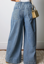 Load image into Gallery viewer, Pre-Order Blue Stripe Button Pleated Drawstring Waist Casual Wide Leg Jeans