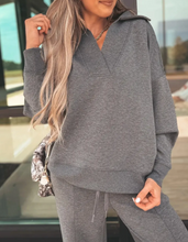 Load image into Gallery viewer, Pre-Order Medium Grey Collared V Neck Pullover Sweatshirt Sweatpants Set