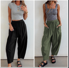 Load image into Gallery viewer, Pre-Order  Drawstring Elastic Waist Patch Pocket Barrel Leg Casual Pants