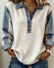 Load image into Gallery viewer, Pre-Order Denim Patchwork Buttoned Polo Collar Long Sleeve Top