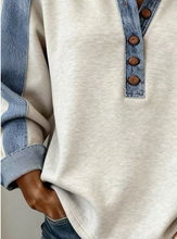Load image into Gallery viewer, Pre-Order Denim Patchwork Buttoned Polo Collar Long Sleeve Top