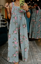 Load image into Gallery viewer, Pre-Order Beau Blue Floral Print Pleated High Waist Wide Leg Denim Jumpsuit