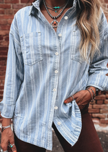 Load image into Gallery viewer, Pre-Order Sky Blue Stripe Boyfriend Chest Pocket Classic Denim Shacket