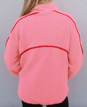 Load image into Gallery viewer, Pre-Order Strawberry Pink Sherpa Contrast Faux Leather Trim Half Zip Pocketed Pullover Sweatshirt