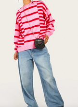 Load image into Gallery viewer, Pre-Order Pink Stripe Bubble Sleeve Drop Shoulder Ribbed Trim Sweater