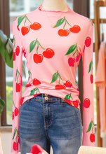 Load image into Gallery viewer, Pre-Order Pink Cherry Print Lettuce Trim Long Sleeve Mesh Top