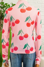 Load image into Gallery viewer, Pre-Order Pink Cherry Print Lettuce Trim Long Sleeve Mesh Top