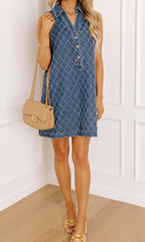 Load image into Gallery viewer, Pre-Order Sail Blue Rhombus Textured Collar Buttoned V Neck Denim Sleeveless Mini Dress