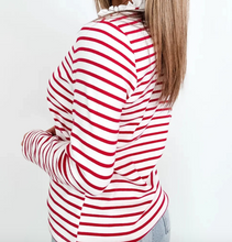 Load image into Gallery viewer, Pre-Order Red Stripe Contrast Frilled Trim Half Button Long Sleeve Top