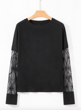 Load image into Gallery viewer, Pre-Order Black Solid Color Bow Textured Patchwork Long Sleeve Tee
