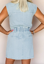 Load image into Gallery viewer, Pre-Order Sky Blue Stripe Collared Button Front Sleeveless Denim Mini Dress